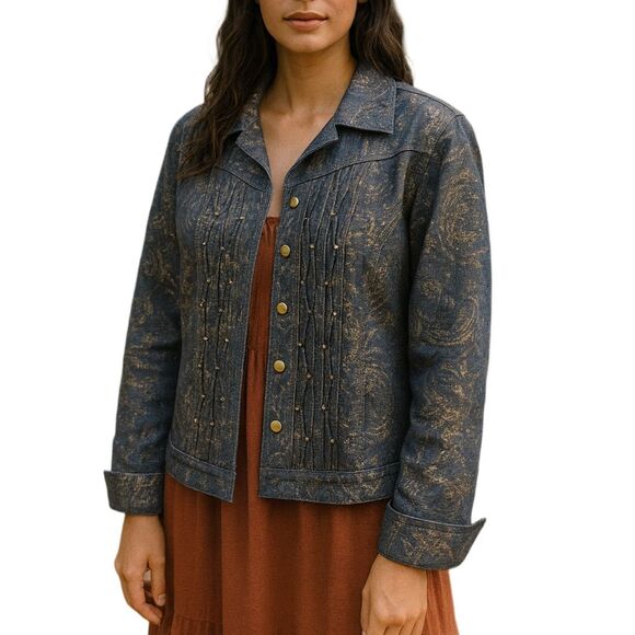 Coldwater Creek size 12 pleated, gold decor studded denim jacket. - Picture 1 of 10